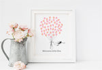 Unique baby shower guest book showing thumbprint balloons held by a stork