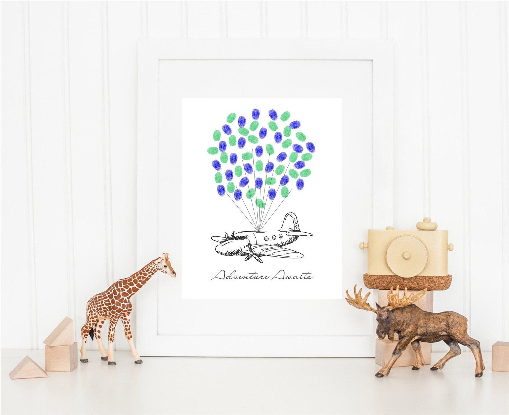 Illustrated airplane lifted by multicolored fingerprint balloons with name and date customization – whimsical guest book alternative for aviation lovers and adventure parties