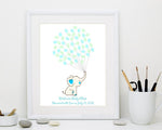 Cute elephant balloon nursery art created with guest fingerprints at a baby boy’s shower