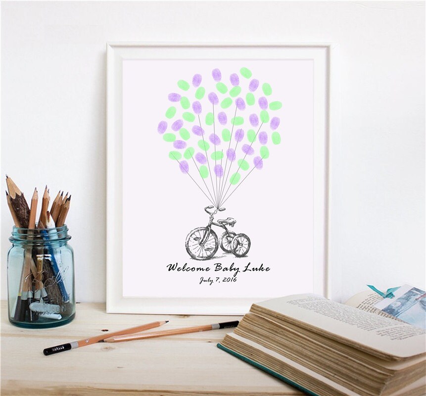 Toy-themed fingerprint guest book showing a red tricycle made of thumbprints, ideal for baby shower or birthday celebration