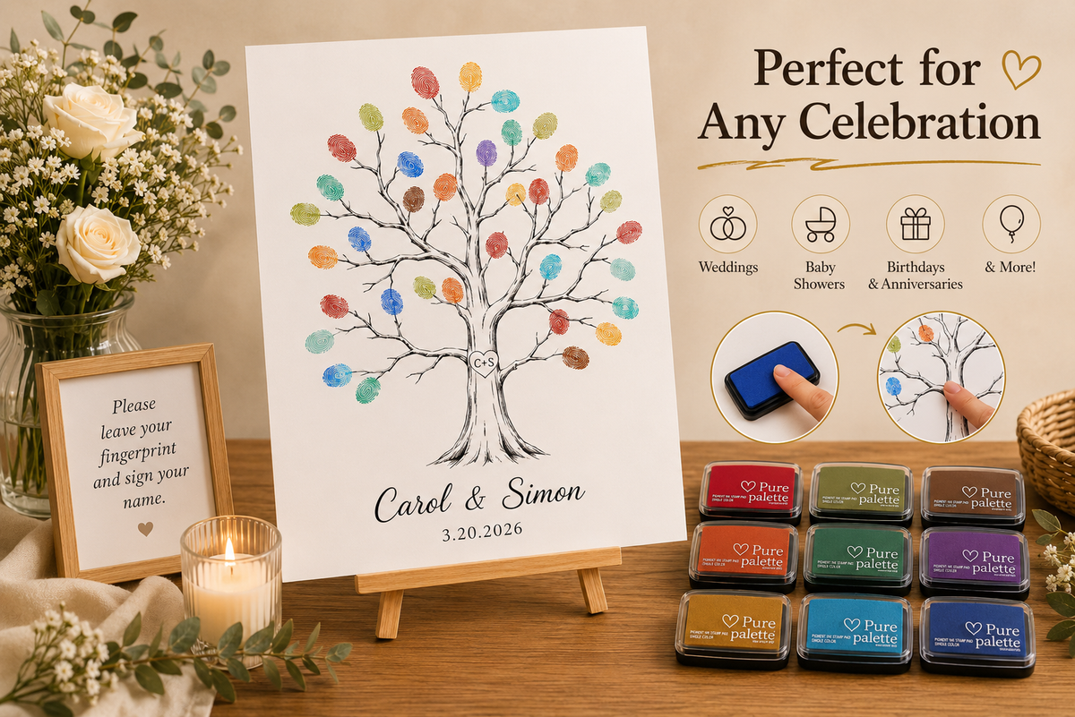 Fingerprint ink pads shown for creating colorful thumbprints on guest book prints