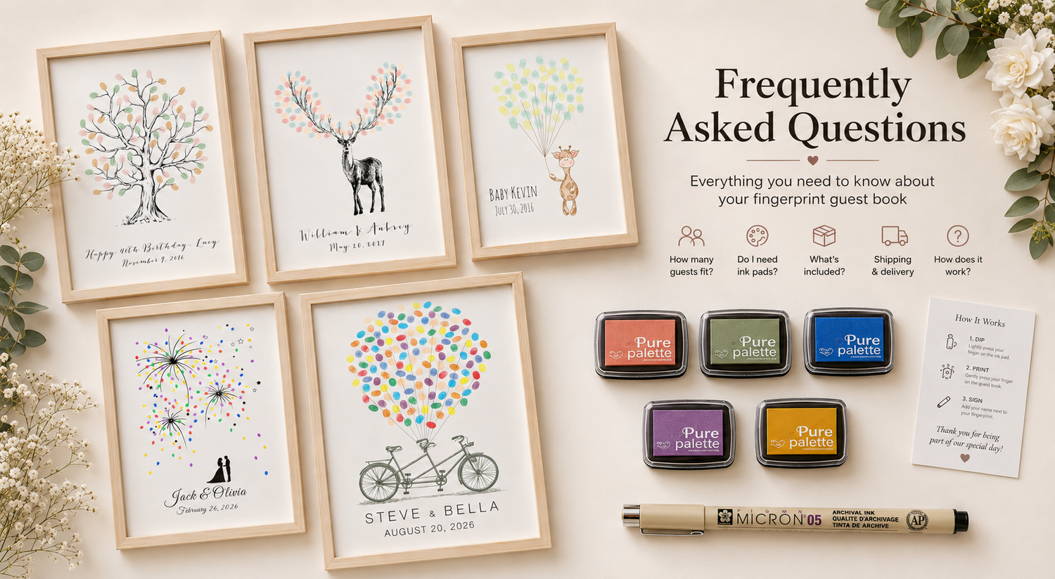 Framed fingerprint guest book prints with ink pads and a pen on a light background.