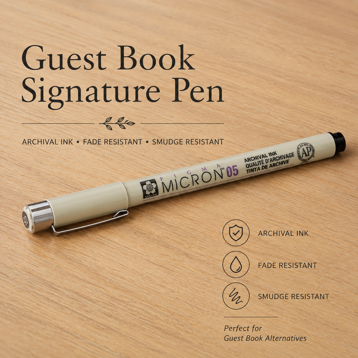 Sakura Pigma Micron 05 archival black guest book pen for signing keepsake prints