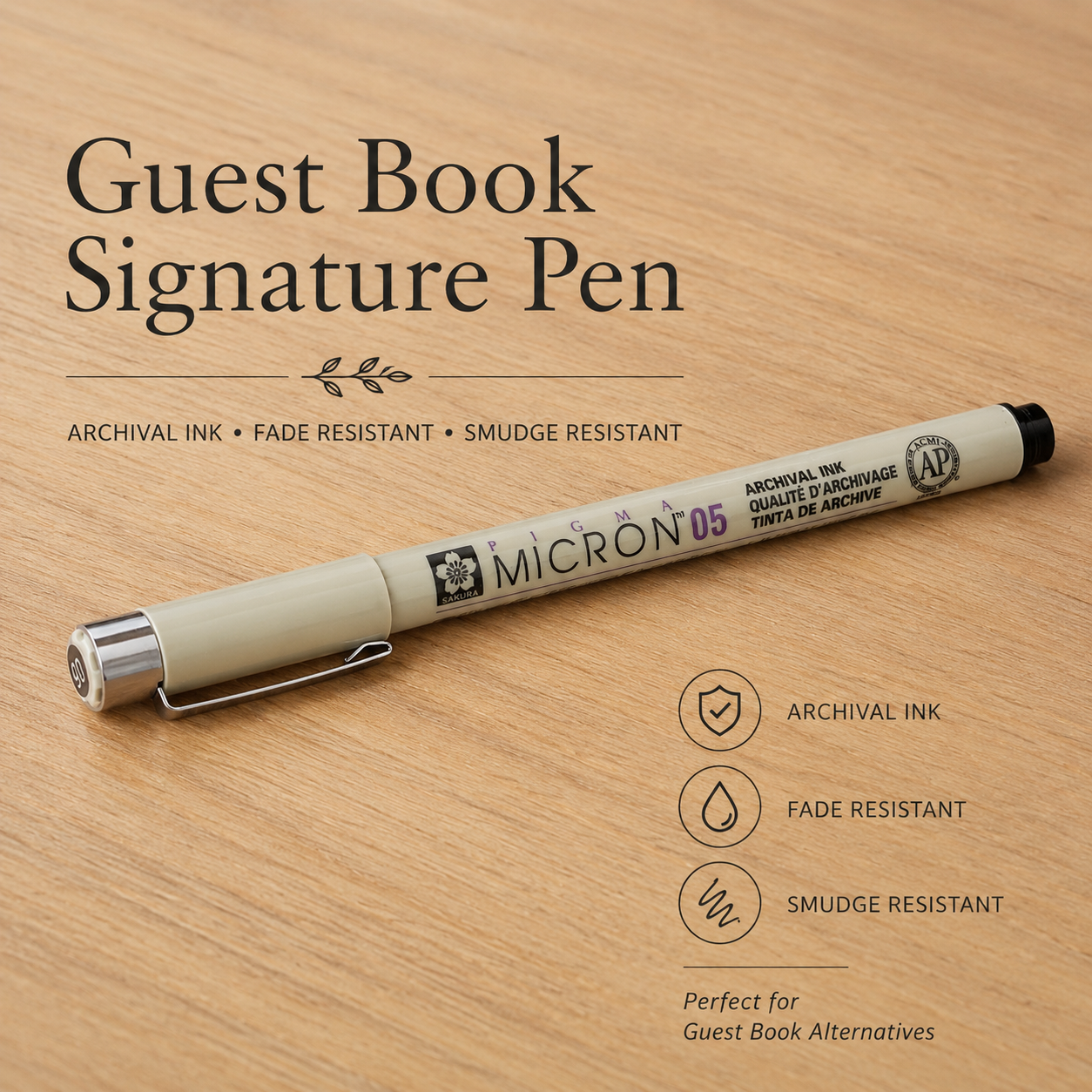 Sakura Pigma Micron 05 archival black guest book pen for signing keepsake prints