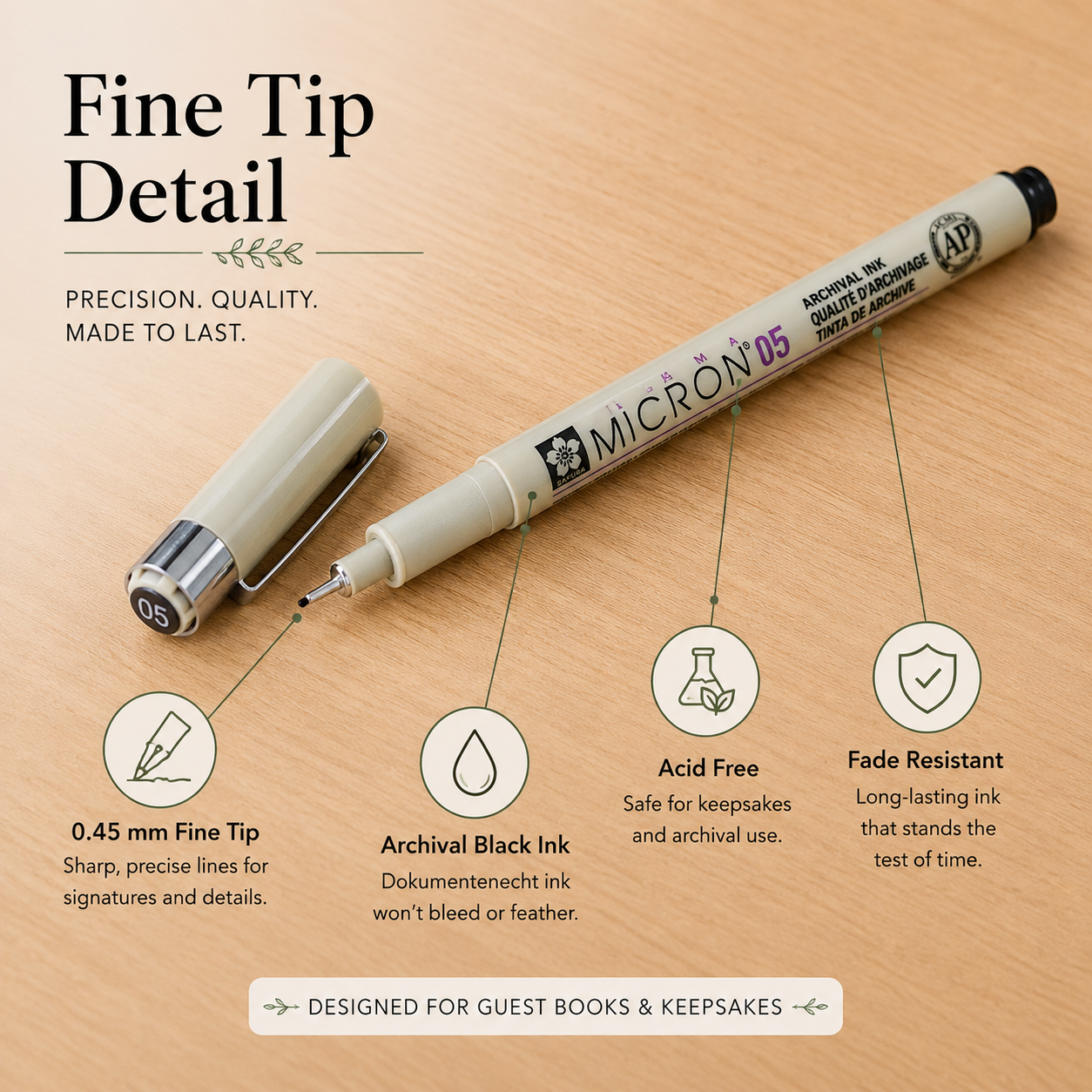 Close-up of Sakura Pigma Micron 05 pen tip for precise guest book signatures