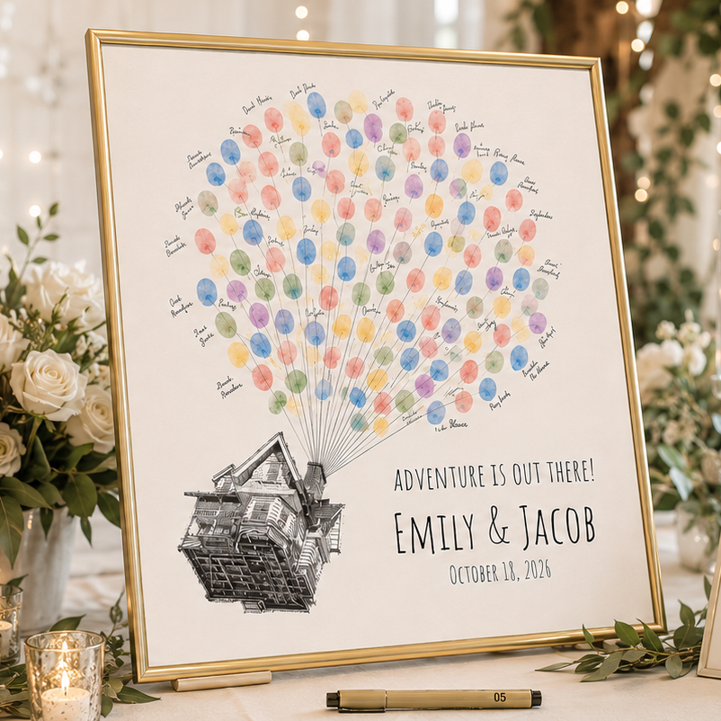 Up house fingerprint balloon guest book for wedding or anniversary keepsake